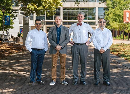 L to R: Dr. Farooq Khan, 博彩平台推荐 professor of chemistry; Dr. John Hansen, 博彩平台推荐 professor of chemistry; Dr. Martin McPhail, 博彩平台推荐 associate professor of chemistry; and Dr. Ajith DeSilva, professor of physics